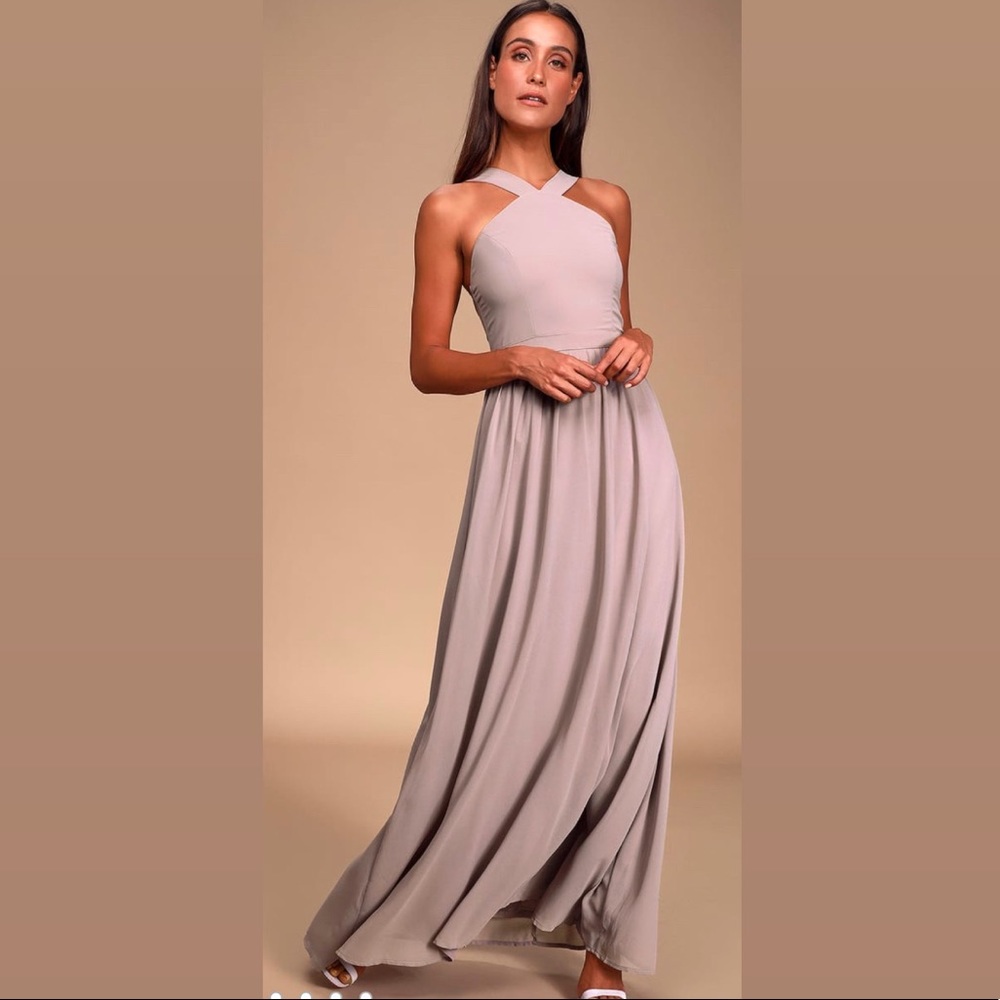 SOLD NEW Lulus Air of Romance Taupe Maxi Dress